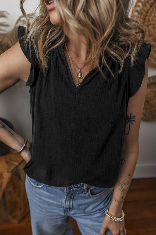 Ruffled Shoulder Notched Shift Tank Top Black