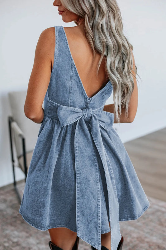 V-Back Bow Tie Denim Skater Dress Light Blue