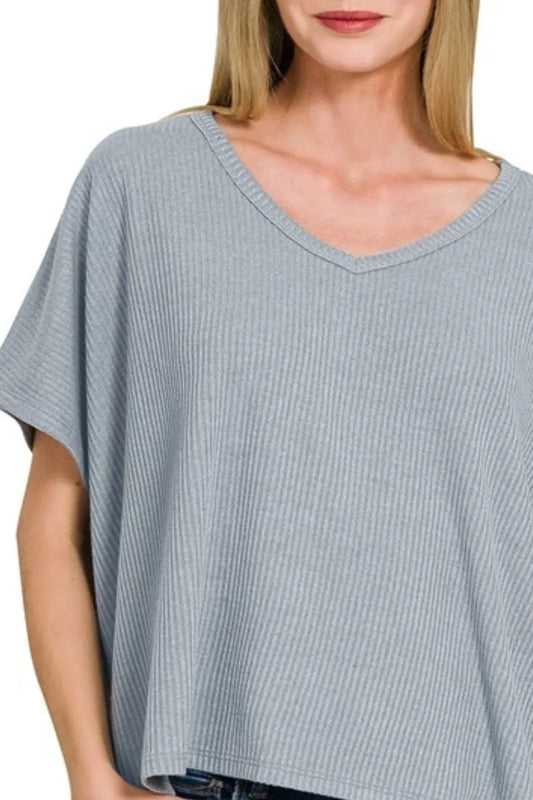 Zenana Ribbed V-Neck Short-Sleeve Knit Top