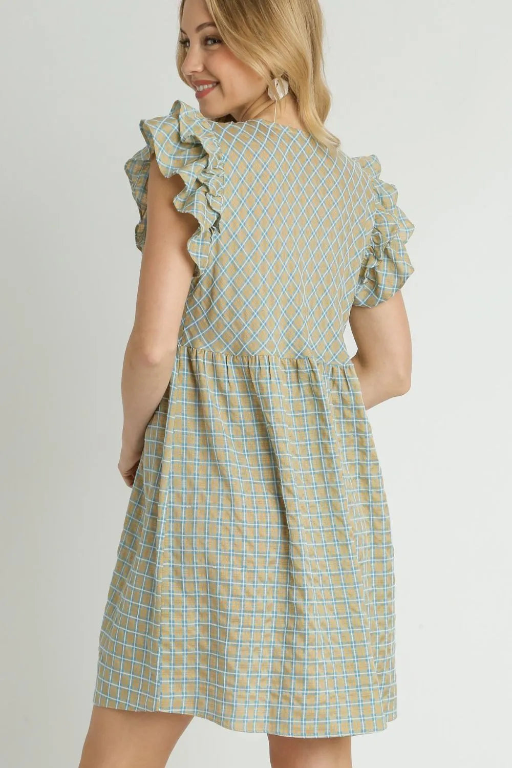 Umgee Full Size Plaid V-Neck Ruffle Cap Sleeve Dress Plus Size