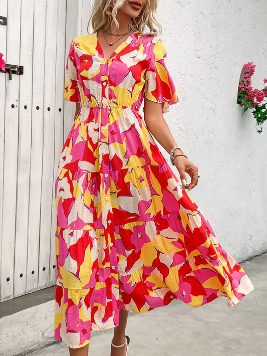 Perfee Printed V-Neck Flutter Sleeve Midi Dress Multicolor