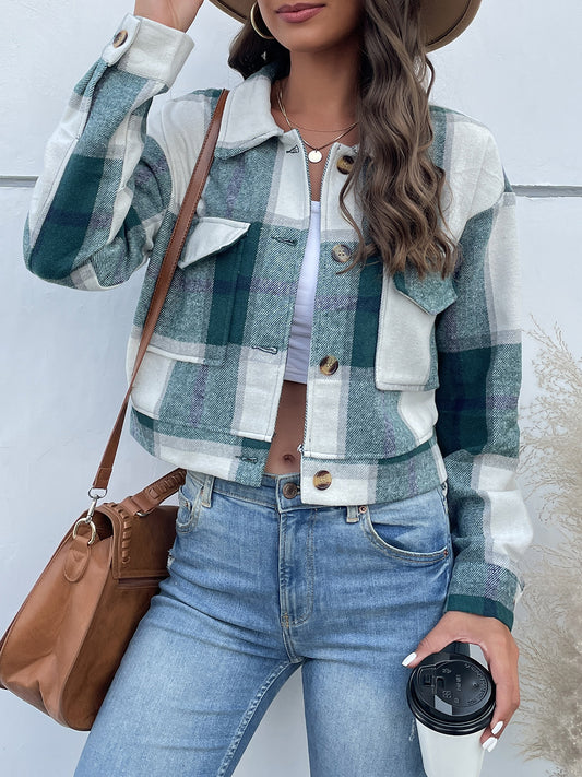 Perfee Plaid Button Up Drop Shoulder Cropped Jacket Green