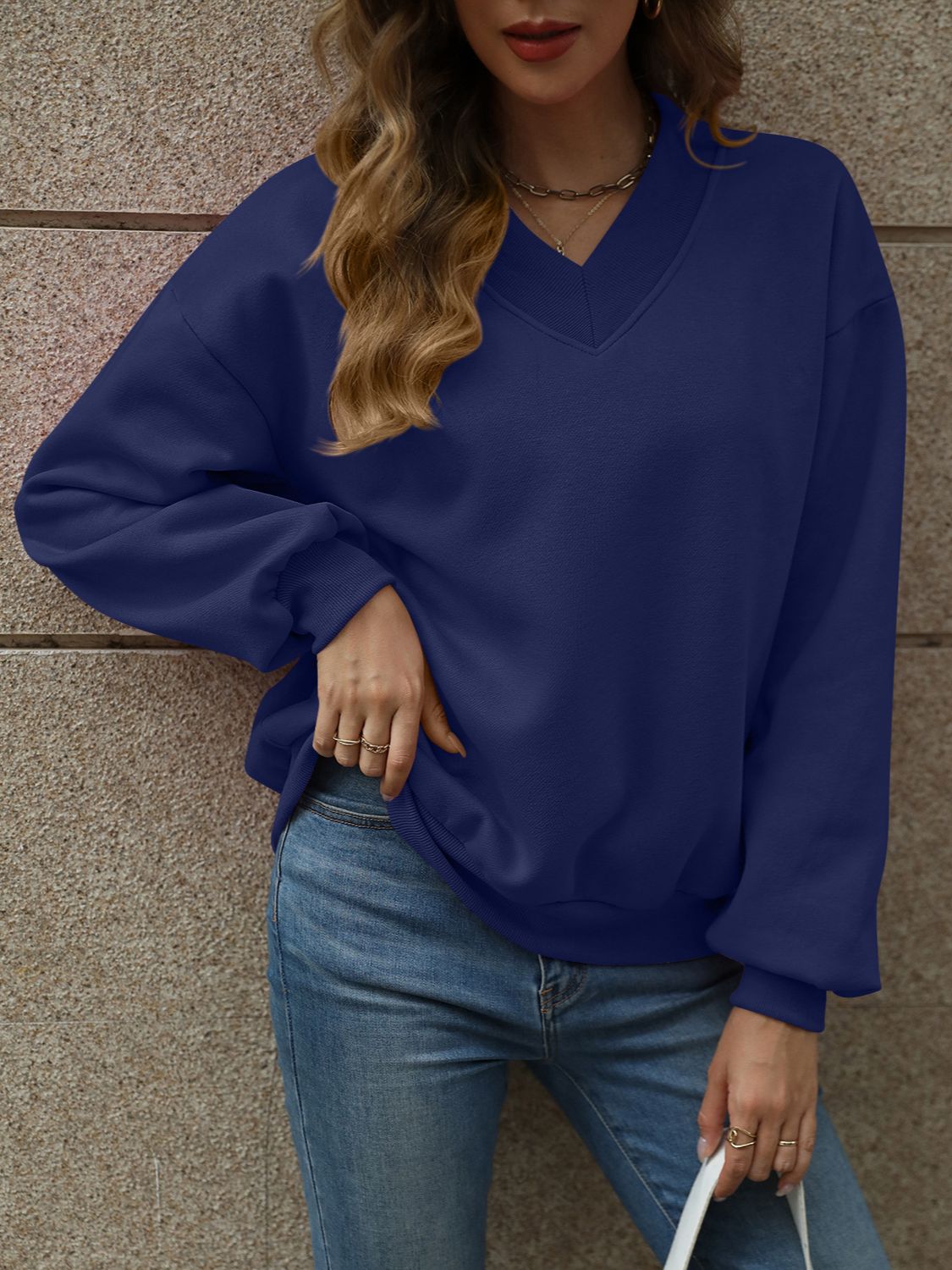 V-Neck Long Sleeve Dropped Shoulder Sweatshirt Dark Blue