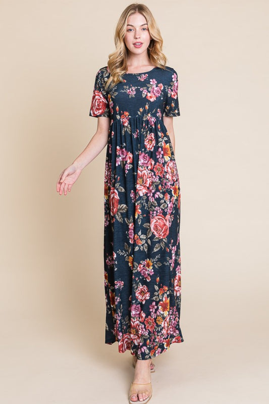 BOMBOM Floral Short Sleeve Maxi Dress Floral