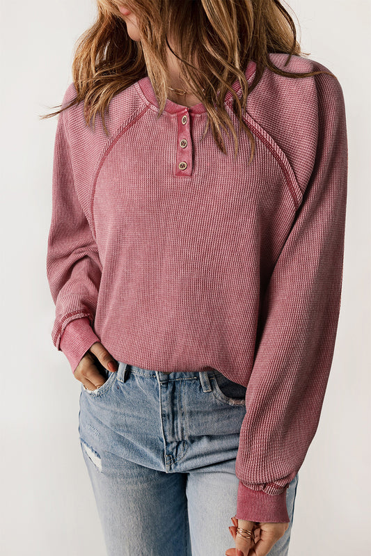 Waffle Knit Raglan Sleeve Henley Sweatshirt Moonlit Mauve