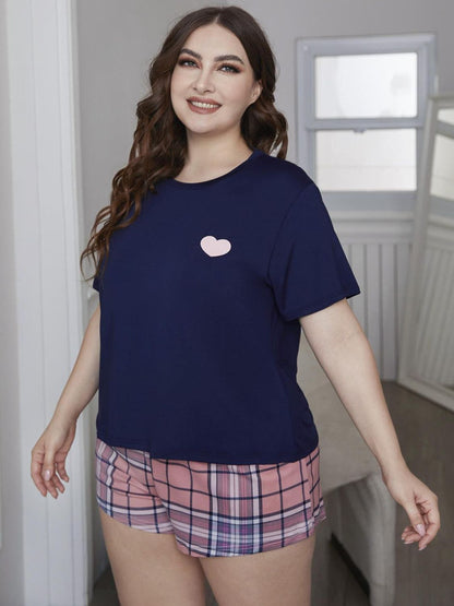 Plus Size Heart Graphic Top and Plaid Shorts Loungewear Set Navy Pink