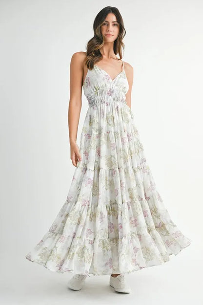 MABLE Floral Print Tiered Cami Maxi Dress Green
