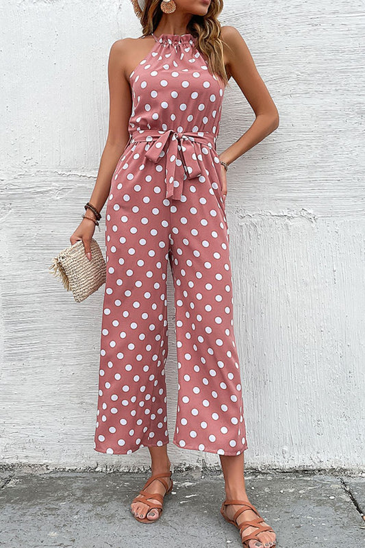 Perfee Polka Dot Grecian Wide Leg Jumpsuit Pink