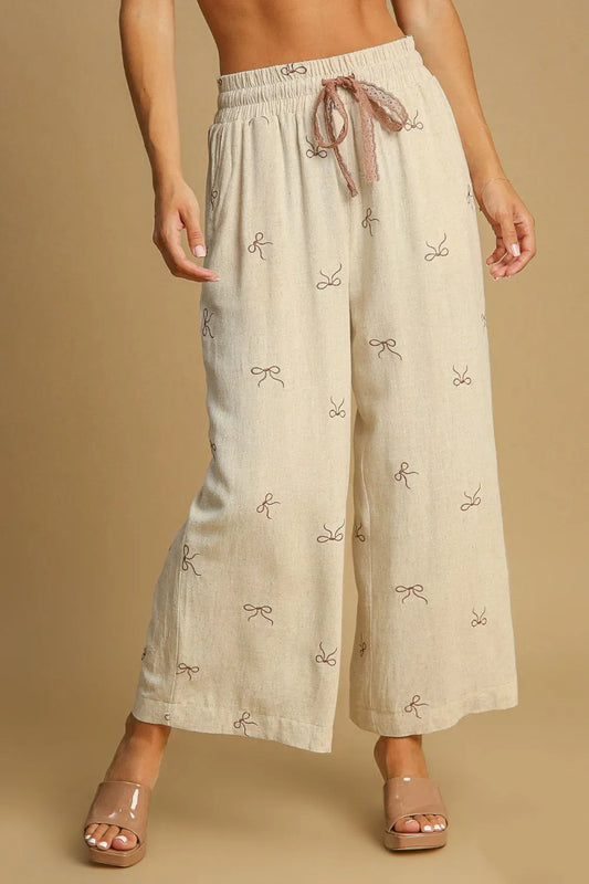 Umgee Full Size Lace Drawstring Embroidered Bow Wide Leg Pants Plus Size OATMEAL