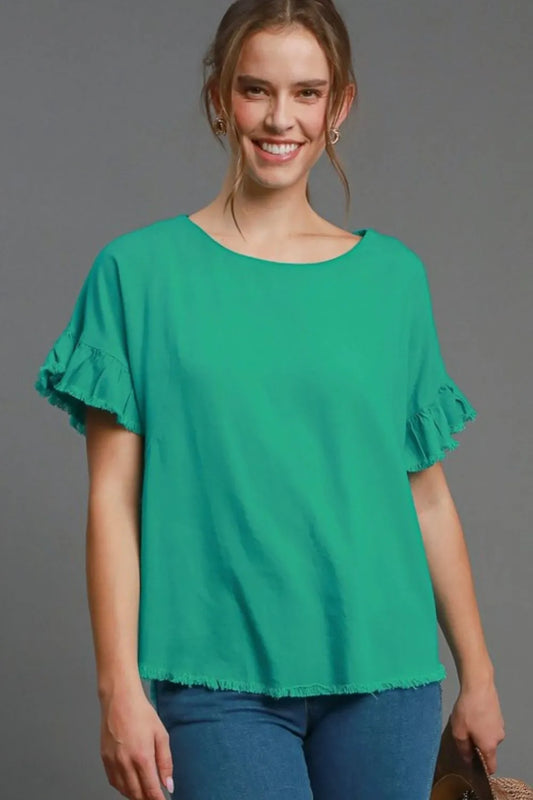 Umgee Full Size Raw Hem Ruffle Short Sleeve Blouse Plus Size Turquoise