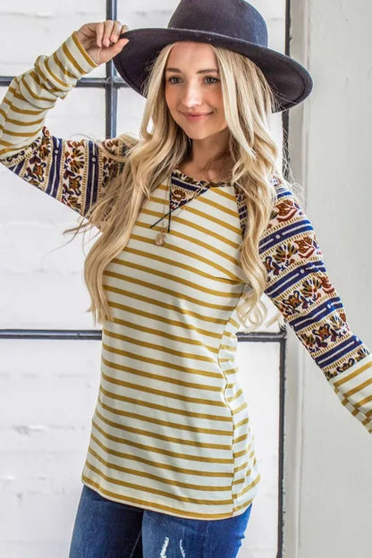 And The Why Stripe Ethnic Print Raglan Top YELLOW