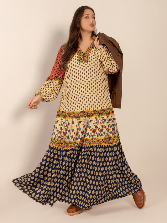 Plus Size Printed V-Neck Long Sleeve Maxi Dress Pastel Yellow