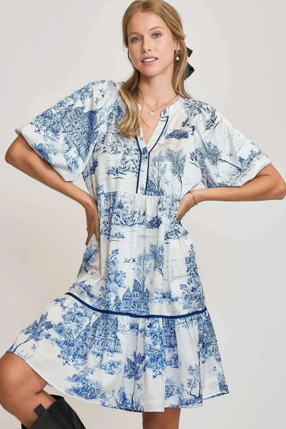 Umgee Full Size Two Tone Landscape Print Dress Plus Size Blue