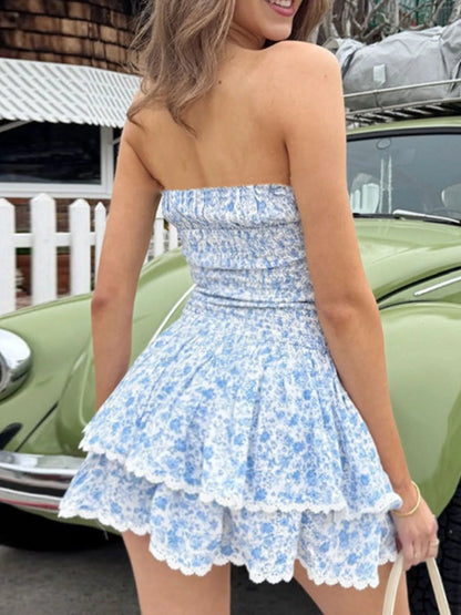 Ruffled Layered Floral Tube Mini Dress