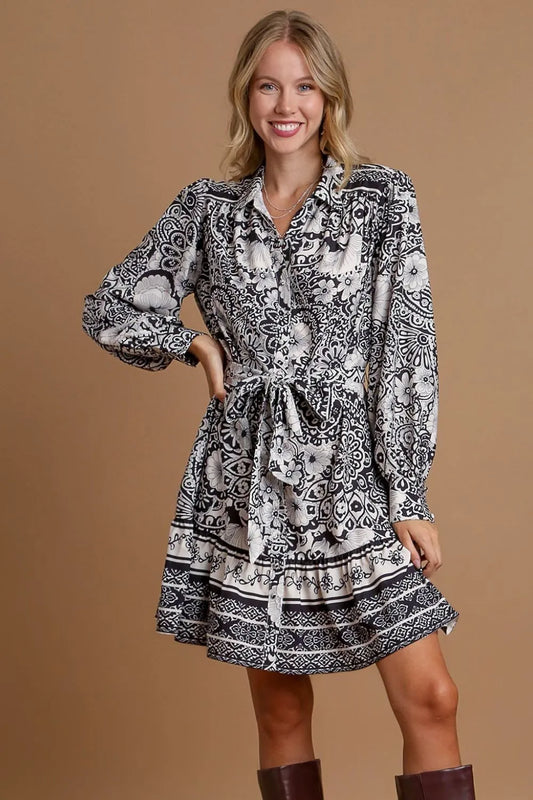 Umgee Full Size Two Tone Floral Border Print Tie Waist Mini Dress Plus Size Black