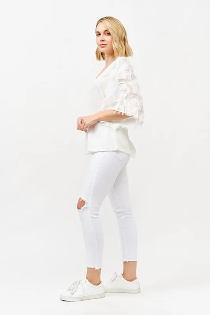 And The Why Feather Detailed 3/4 Sleeve Slub Top