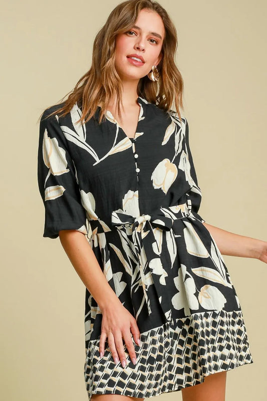 Umgee Full Size Floral Print Notched Tie Waist Mini Dress Plus Size Black