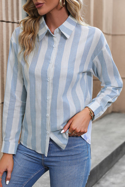 Perfee Striped Long Sleeve Shirt Pastel Blue