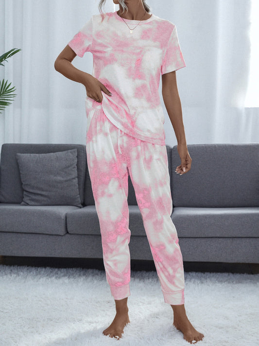 Shiny Tie-Dye Round Neck Short Sleeve Top and Pants Blush Pink