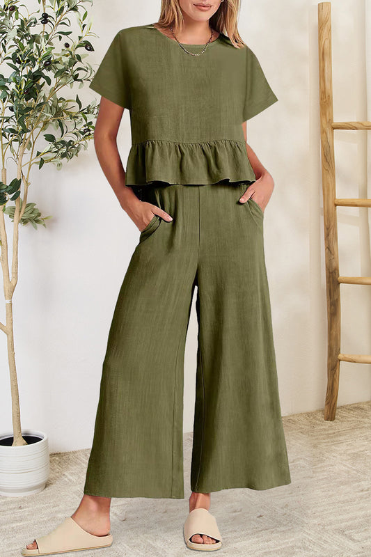 Peplum Round Neck Short Sleeve Top and Pants Set Army Green