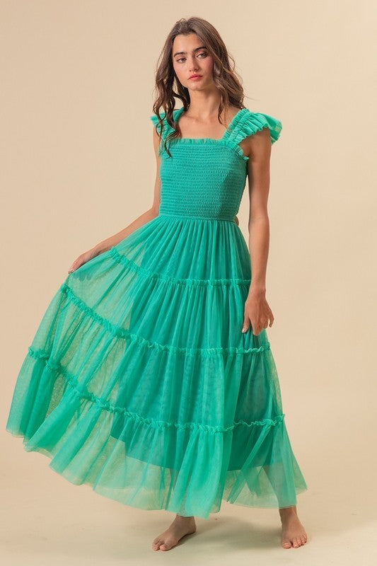 BiBi Frill Mesh Tiered Midi Dress Turquoise