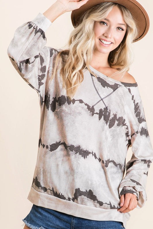 BiBi Tie-Dye French Terry Round Neck Long Sleeve T-Shirt