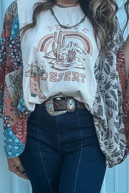 Peace Desert Graphic Asymmetric Printed Patchwork Sleeve Top