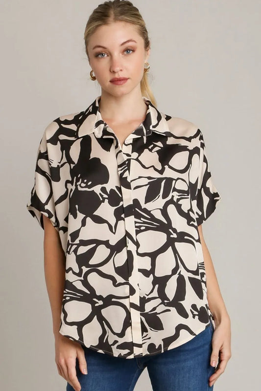 Umgee Full Size Two Tone Print Button Down Top with Hidden Plackets Plus Size Black