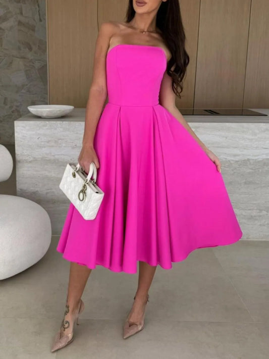 Solid Color Tube Midi Dress Hot Pink