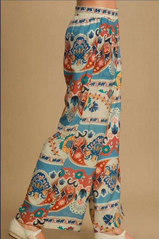 Umgee Full Size Wide Leg Border Print Pants Plus Size