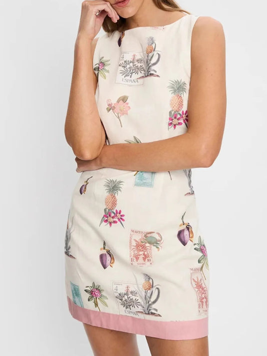 Printed Sleeveless Mini Dress Beige
