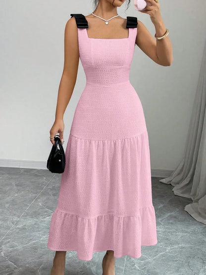 Square Neck Wide Strap Dress Pink