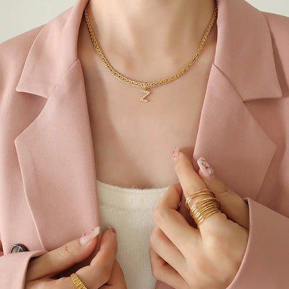 Brass Inlaid Zircon Letter Pendant Necklace Style Z One Size