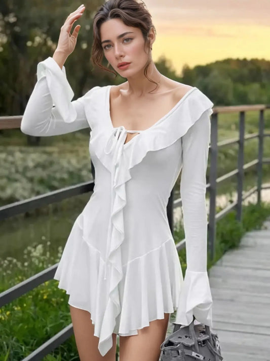 Ruffle V-Neck Flounce Sleeve Mini Dress White
