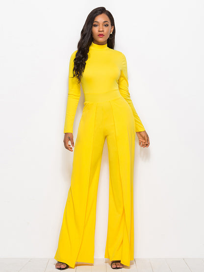 Long Sleeve Mock Neck Wide Leg Jumpsuit Yellow