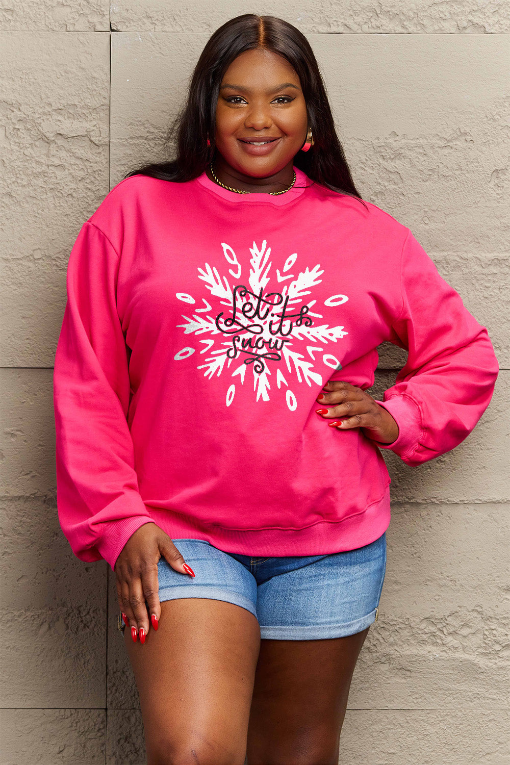 Simply Love Full Size LET IT SNOW Long Sleeve Sweatshirt Hot Pink
