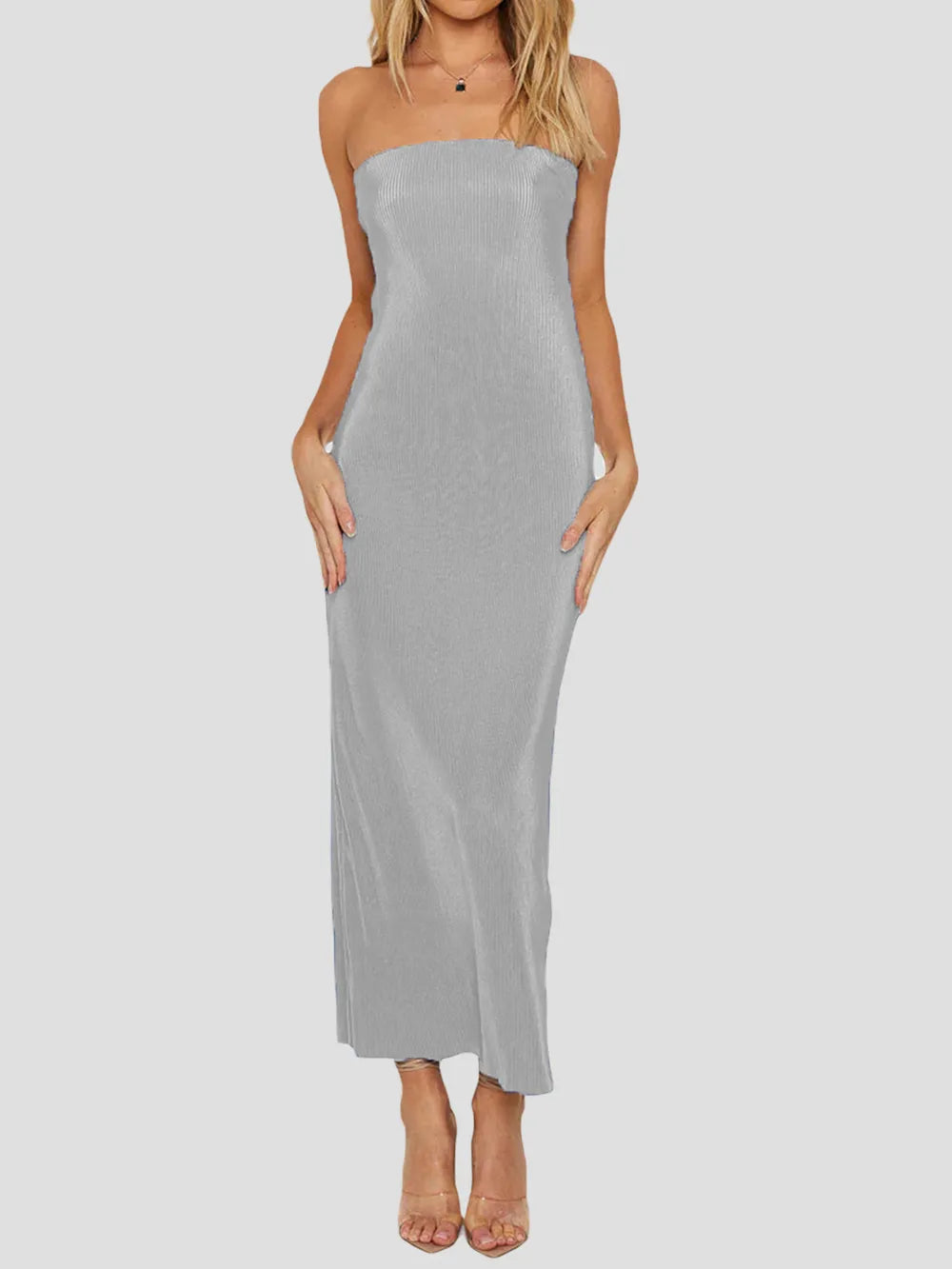 Lace-Up Back Tube Maxi Dress Light Gray