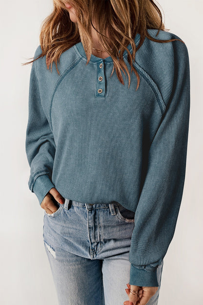 Waffle Knit Raglan Sleeve Henley Sweatshirt French Blue