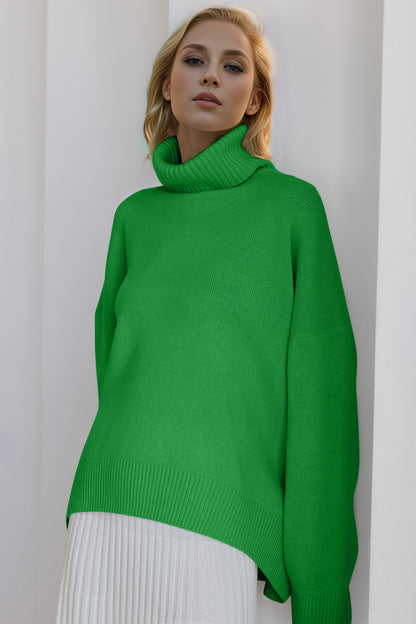 Basic Bae Turtleneck Dropped Shoulder Long Sleeve Sweater Green One Size