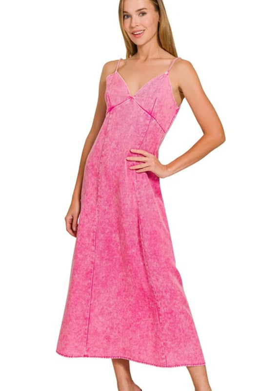 Zenana Tencel Mineral Washed Maxi Dress HOT PINK
