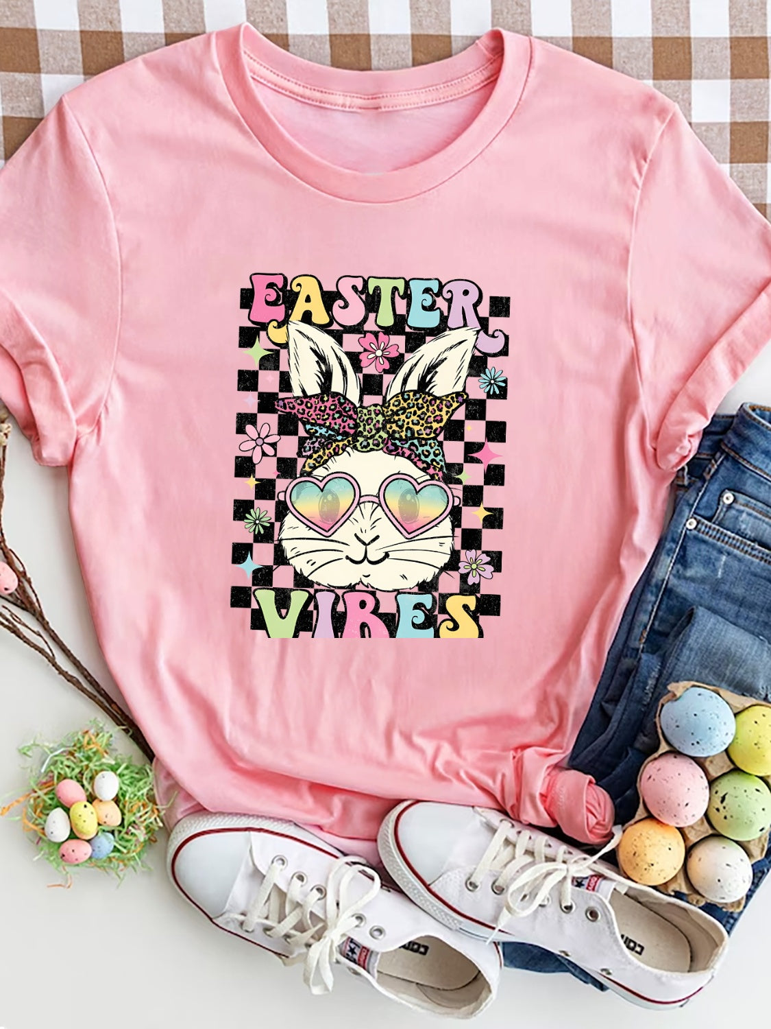 EASTER VIBES Round Neck Short Sleeve T-Shirt Blush Pink