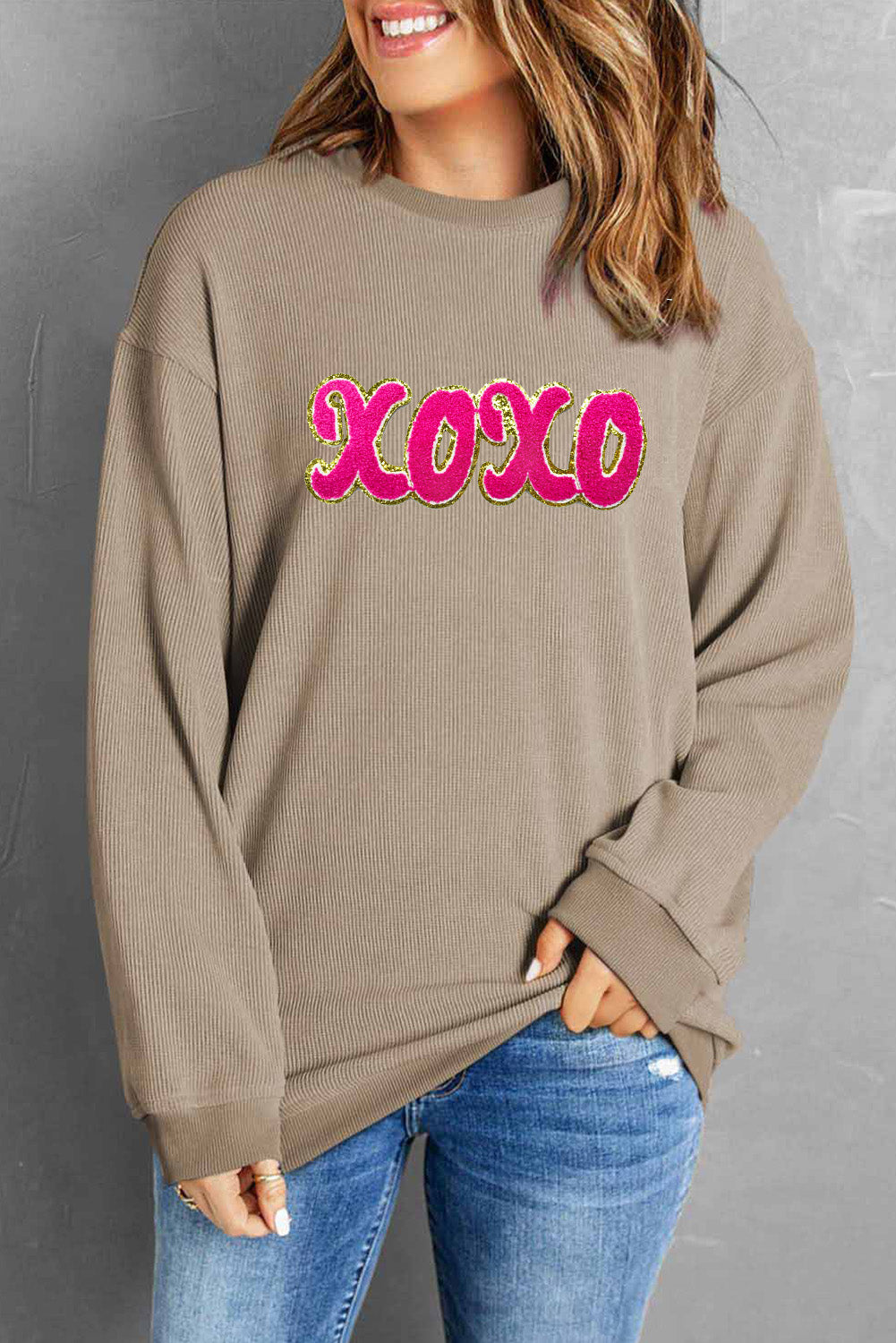 XOXO Sequin Round Neck Dropped Shoulder Sweatshirt Tan