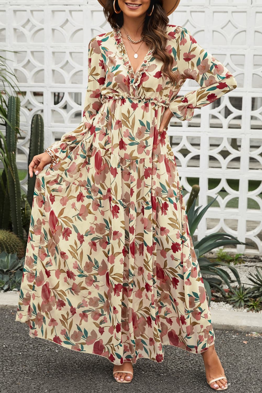 Floral Frill Trim Flounce Sleeve Plunge Maxi Dress Sand