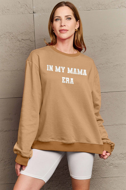 Simply Love Full Size IN MY MAMA EAR Graphic Sweatshirt Tan