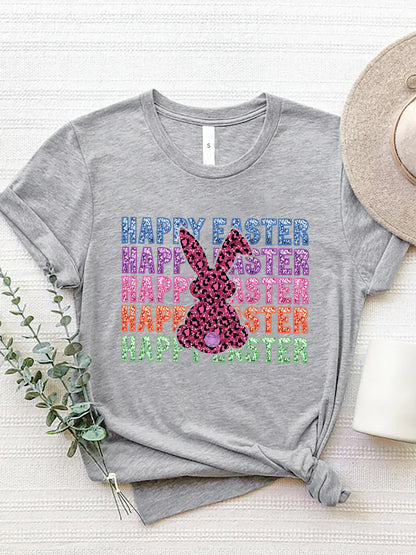 HAPPY EASTER Round Neck Short Sleeve T-Shirt Gray