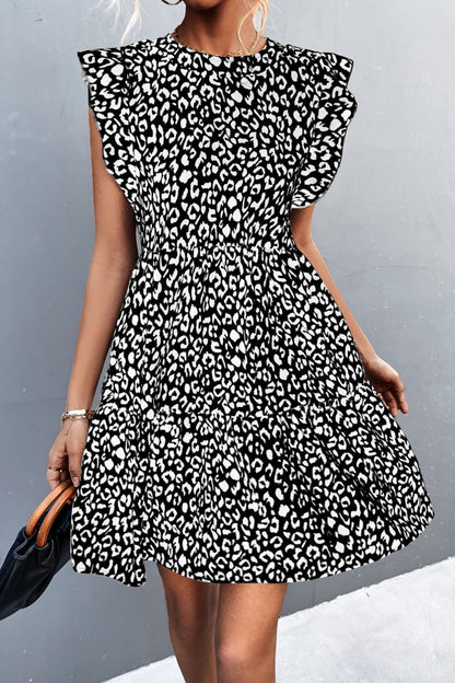 Leopard Round Neck Mini Dress Black