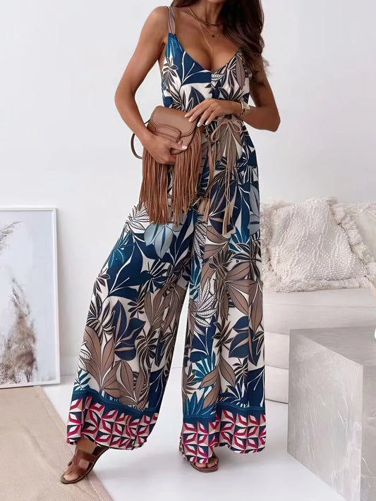 Printed V-Neck Wide Leg Jumpsuit French Blue