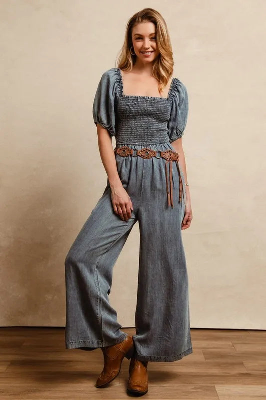 BiBi Smocked Washed Puff Sleeve Square Neck Denim Jumpsuit Medium