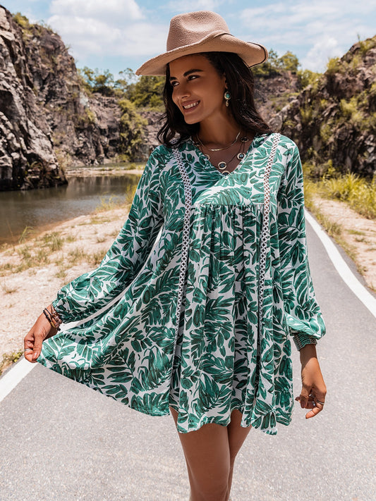 Long Sleeve V-Neck Mini Dress Turquoise