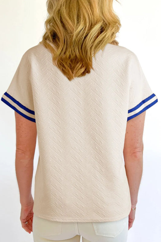 Striped Trim Textured Quarter Zipper Short Sleeve Top